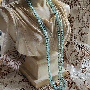 Vintage Knotted Faceted Aqua Aurora Borealis Long Strand Beaded Necklace